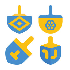 Obraz premium Four blue yellow dreidels with geometric patterns Hebrew letters hanukkah game