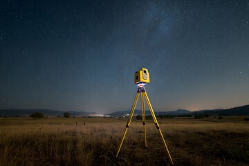 A 3D laser scanner mounted on a tripod, illuminated by its own small LED lights, standing in an open field at night with a starry sky in the background,