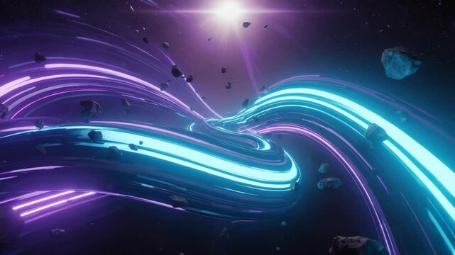 Camera flies stream neon plasma ribbons ejected a hypernova explosion. Ribbons twist spiral in 3D space, colliding asteroids scatter colorful sparks stars distort galaxy warping speed of travel