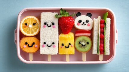 A child cute snack box, tiny sandwiches, fruit skewers, fun character faces, vibrant and cheerful, isolated on white background. 