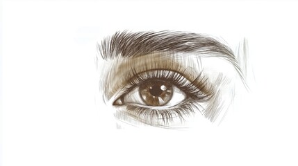 Illustration of woman's luxurious eye with perfectly shaped eyebrows and full lashes. Hand-drawn Idea for business visit card, typography vector. Perfect salon look.