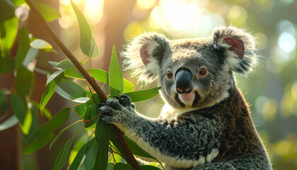Obraz premium Koala marsupial clings to eucalyptus branch in sunlight, symbolizing survival and hope for vaccine development in natural habitat