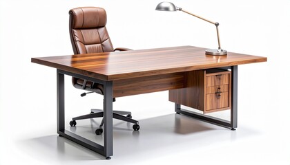 Comfortable office desk with wooden top strong frame essential workplace furniture isolated on white background
