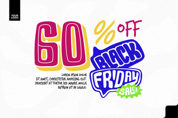 Fototapeta premium Black Friday Sale Banner with 60 Percent Discount Text in Colorful Doodle Pop Art Style Vector