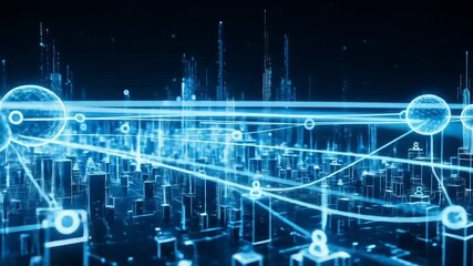 Futuristic digital cityscape with glowing lines and spheres representing data flow and connectivity - Powered by Adobe