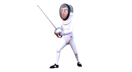 3d cartoon fencing champion precise foil, focused athlete, epic duel ready, isolated on transparent background