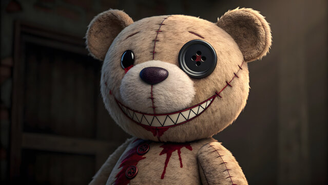 Creepy stitched teddy bear with button eye and bloody scars