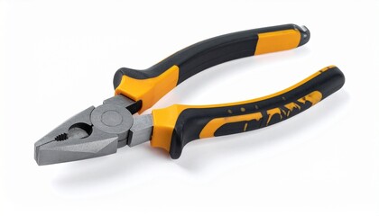 Obraz premium Durable metal pliers with rubber grip strong construction repair hand tool isolated on white background 