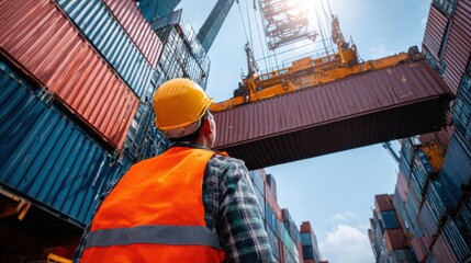 Back view of a logistics coordinator ensuring stock container in a port.