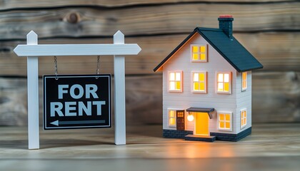 A miniature house with illuminated windows next to a 'For Rent' sign, indicating property availability.