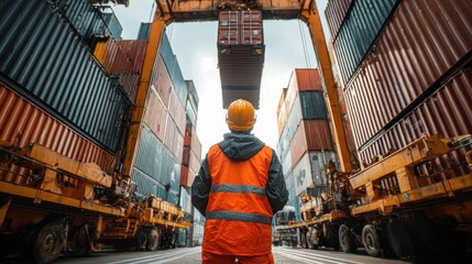 Back view of a logistics coordinator ensuring stock container in a port.