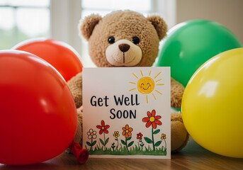 Get Well Soon Card with Teddy Bear and Colorful Balloons.