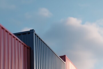 Shipping containers in dark blue and red colors are stacked under a clear sky, showcasing contemporary industrial design and color contrast