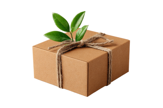 This mockup showcases a brown eco-friendly box tied with twine, accentuated by a fresh green leaf on top, emphasizing sustainable packaging