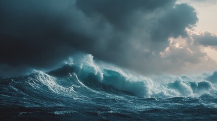 Naklejka premium Dramatic storm ocean waves with dark sky and rough sea weather