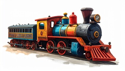 Obraz premium Wooden toy train with colorful painted parts children educational play item isolated on white background 