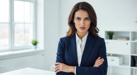 A businesswoman in a suit with arms crossed in an office setting.