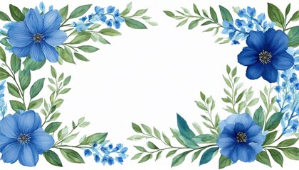 Obraz premium watercolor floral frame with blue flowers and leaves on white background