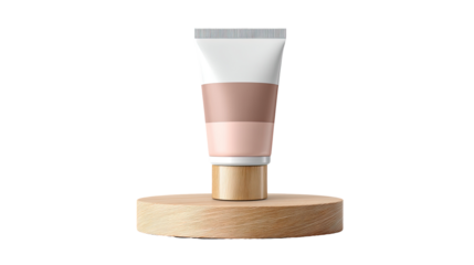 Cream tube on a wooden pedestal.  Creamy, light beige, and light pink colors on a simple, cylindrical tube with a light wooden base