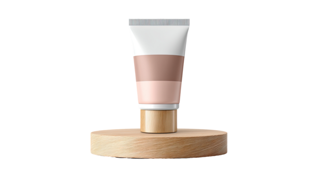 Cream tube on a wooden pedestal.  Creamy, light beige, and light pink colors on a simple, cylindrical tube with a light wooden base
