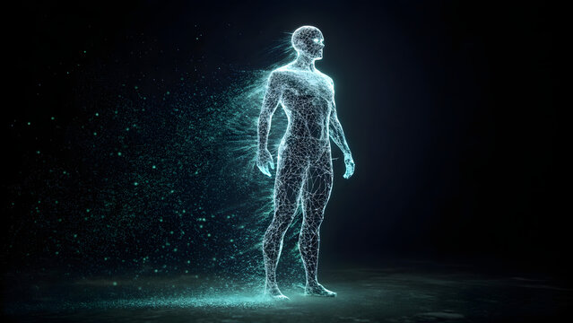 Human figure dissolving into glowing particles against a dark background
