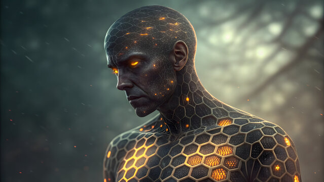 Futuristic humanoid with glowing orange eyes and hexagonal patterns on skin - Powered by Adobe