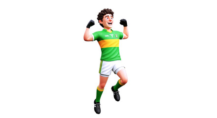 Fototapeta premium joyful gaelic football player leaping celebration, green jersey, emerald victory, athletic triumph, irish spirit, isolated on transparent background