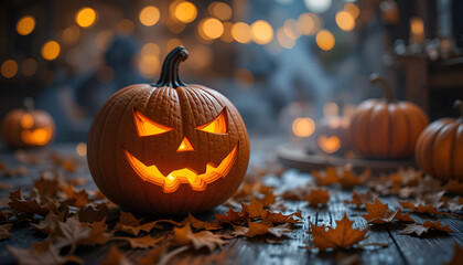 Festive halloween display with a glowing jackolantern surrounded by fallen leaves on a wooden surface, bokeh lights