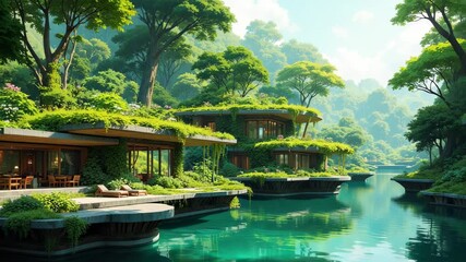 Eco Luxury Resort Animation - Sustainable Architecture in Tropical Forest with Water Features for Travel Marketing and Environmental Design Presentations