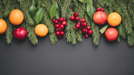 Evergreen boughs tangled with vibrant orbs and berries, evoking Solstice serenity and Scandinavian Jul feast harmony