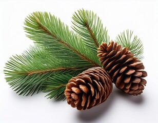Fototapeta premium brown pinecones with a rough natural texture resting on a fresh green pine branch isolated on white background