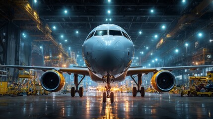 Fototapeta premium Futuristic Aircraft Hangar Interior with Commercial Airplane and Ground Crew in Industrial Environment
