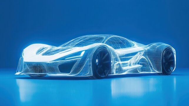 Wireframe sports car on blue background