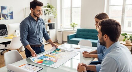 Three people in a meeting, discussing a blueprint.