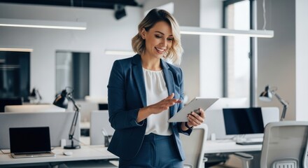 A businesswoman in a suit using a tablet in an office.