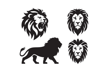 Collection of black and white lion head and silhouette illustrations