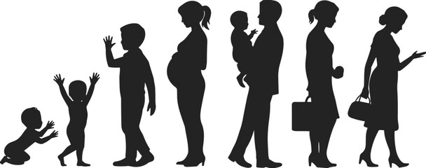 Human life stages, silhouette progression, baby to elderly, aging concept, family growth, development timeline, generational change, people evolution, symbolic journey, illustration art
