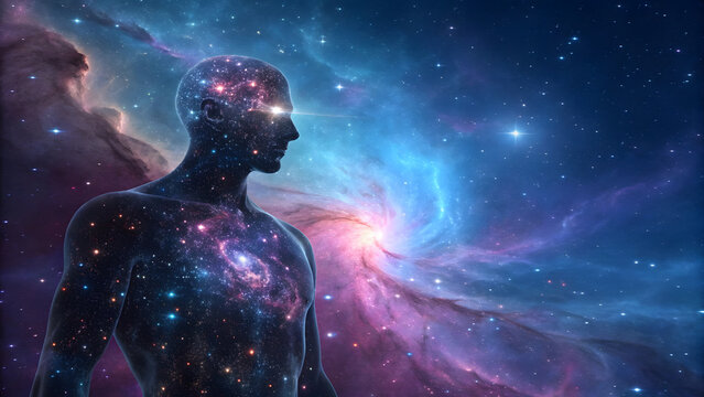 Human silhouette filled with stars and nebulae against a cosmic background
