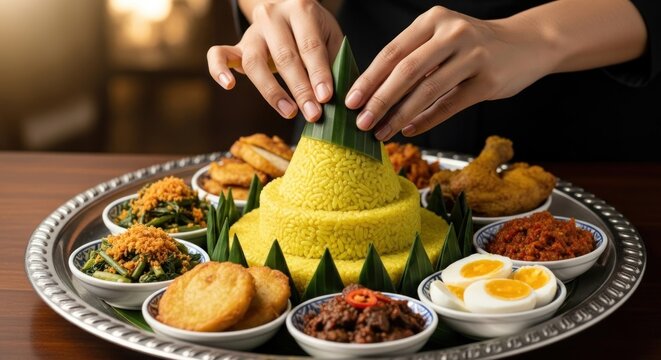 Close-up shows hands arranging a cone-shaped yellow rice dish, surrounded by side dishes on a silver platter