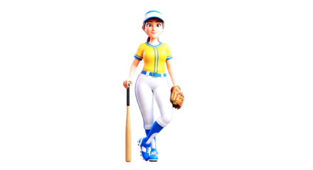 confident cartoon softball player ready to play, 3d animation, summer sports, isolated on transparent background