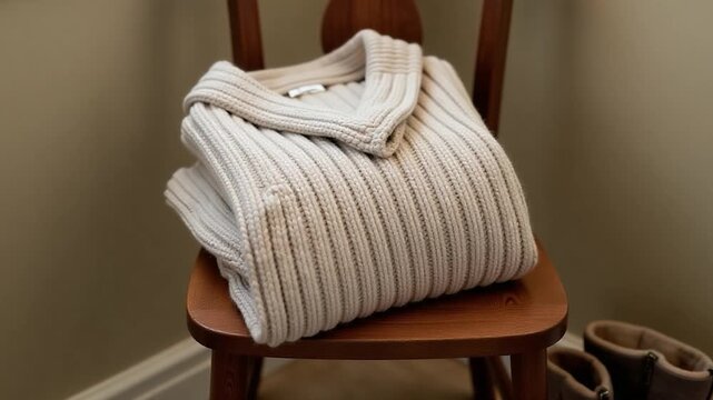 A stack of sweaters placed on a wooden chair, suitable for use in still life photography or as a prop in fashion and lifestyle settings