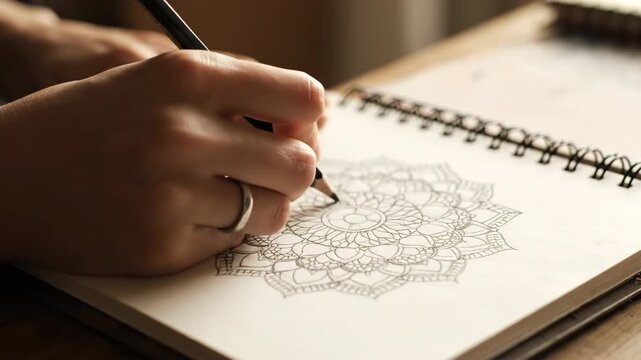 Close up hand drawing intricate mandala design with pencil in spiral bound art notebook, showcasing creativity and detailed sketching for artistic design on wooden table surface