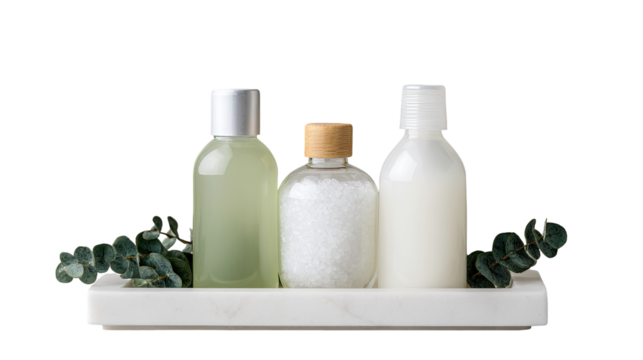 Three cosmetic bottles, light green, clear, and off-white, sit on a marble tray.  Eucalyptus leaves decorate the tray