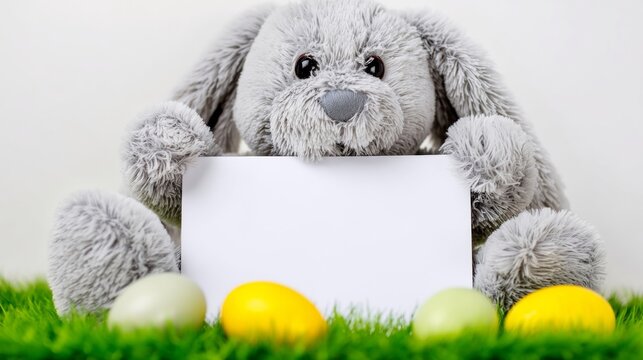 Furry gray bunny clutching blank sign amidst vibrant grass, Easter eggs glisten, evoking Ostara's spring vibrancy and renewal