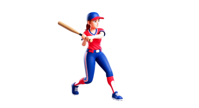 3d cartoon baseball player powerful swing, determined stance, upcoming hit, isolated on transparent background