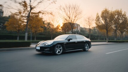 Naklejka premium Sleek ebony car glides through autumn's tapestry, evoking speed and solitude, perfect for Singles Day or National Car Care Month