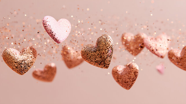 Floating Rose Gold and Pink Glitter Hearts Pastel Background - Powered by Adobe