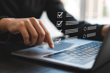 Digital Checklist on Laptop with Feedback Collection for Data Analysis and Business Compliance