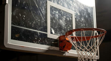 Close-up view of a basketball hoop with a white backboard and orange rim, showcasing the net and mounting hardware.