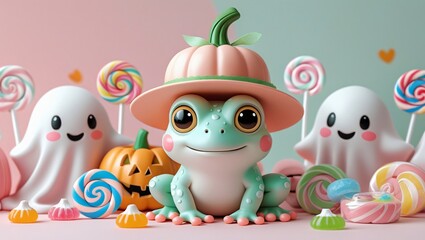 Fototapeta premium Cute pastel frog wearing a pumpkin hat, sitting beside tiny ghosts and candies